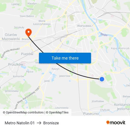 Metro Natolin to Bronisze map