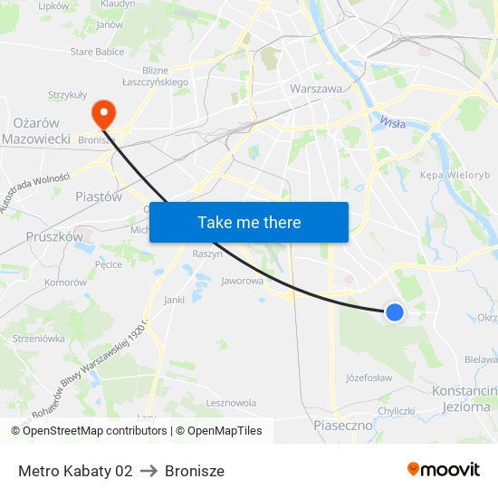 Metro Kabaty 02 to Bronisze map