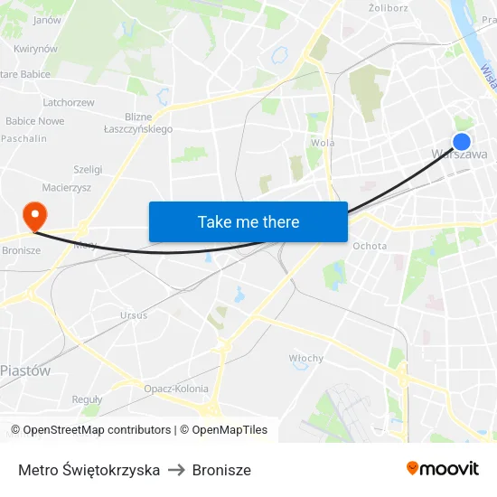 Metro Świętokrzyska to Bronisze map