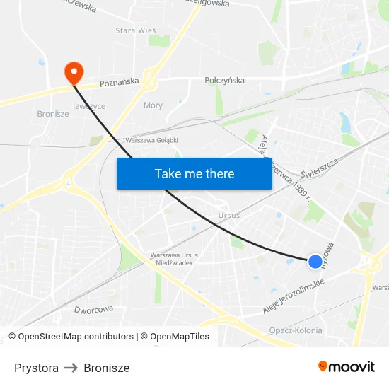 Prystora to Bronisze map