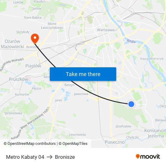 Metro Kabaty to Bronisze map