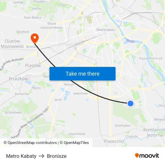 Metro Kabaty to Bronisze map