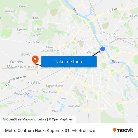 Metro Centrum Nauki Kopernik to Bronisze map