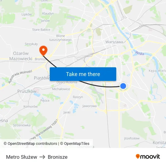 Metro Służew to Bronisze map