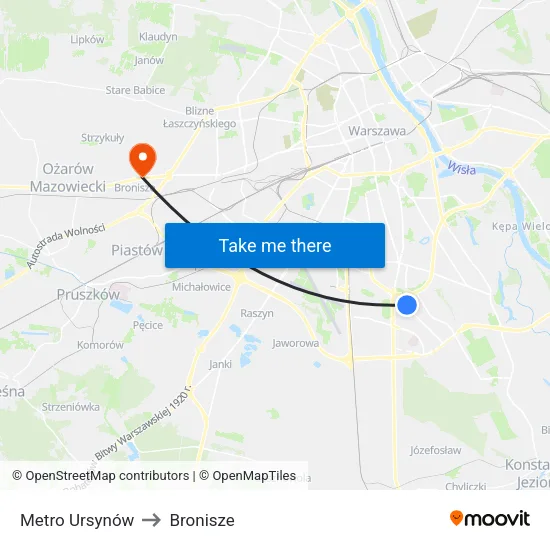 Metro Ursynów to Bronisze map