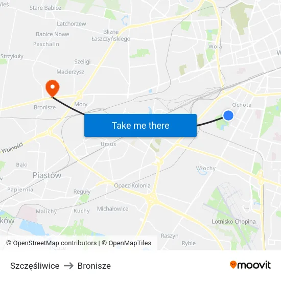 Szczęśliwice to Bronisze map