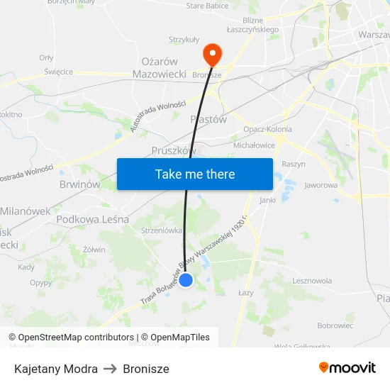 Kajetany Modra to Bronisze map