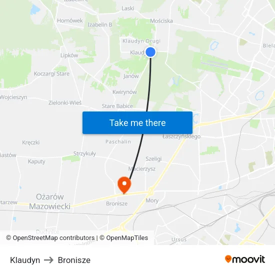 Klaudyn to Bronisze map