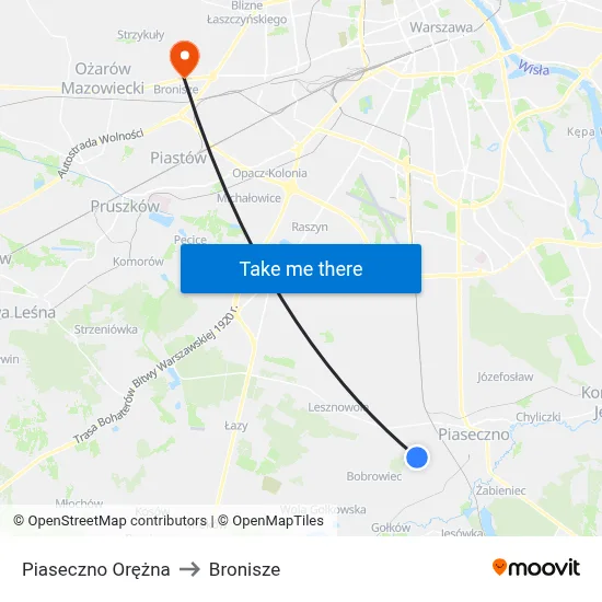 Piaseczno Orężna to Bronisze map