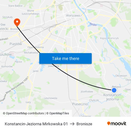 Konstancin-Jeziorna Mirkowska 01 to Bronisze map