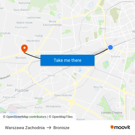 Warszawa Zachodnia to Bronisze map