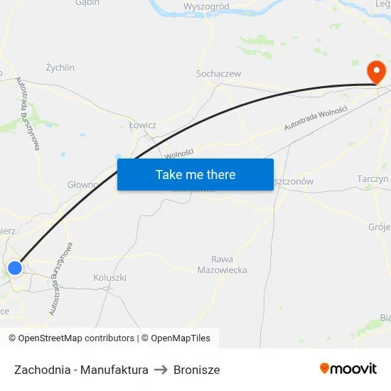 Zachodnia - Manufaktura to Bronisze map