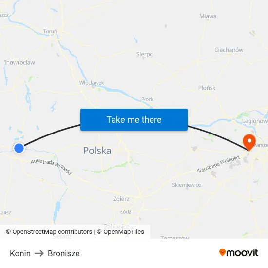 Konin to Bronisze map