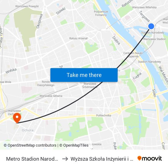 Metro Stadion Narodowy 12 to Wyższa Szkoła Inżynierii i Zdrowia map