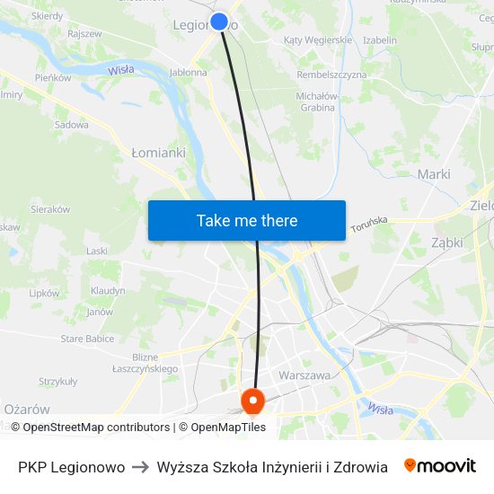 PKP Legionowo to Wyższa Szkoła Inżynierii i Zdrowia map