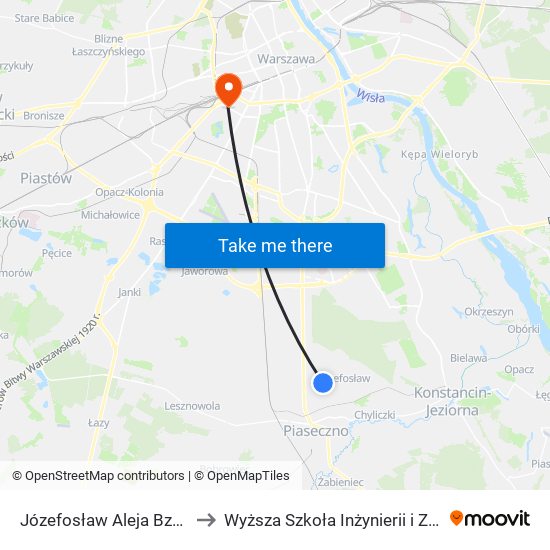 Józefosław Aleja Bzów 02 to Wyższa Szkoła Inżynierii i Zdrowia map