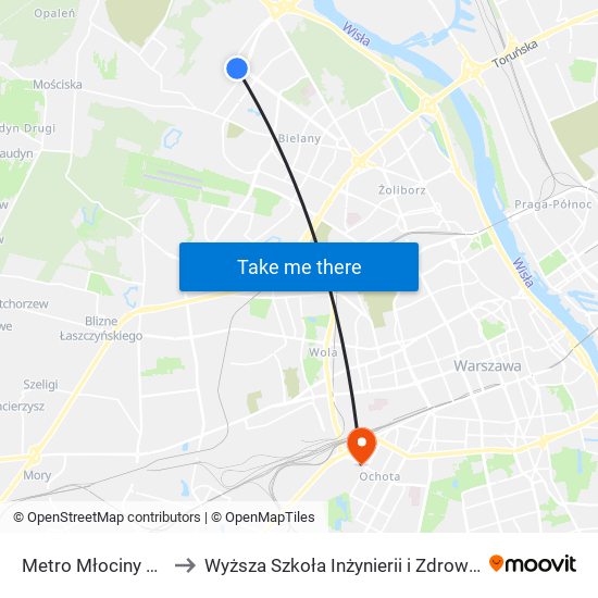 Metro Młociny 24 to Wyższa Szkoła Inżynierii i Zdrowia map