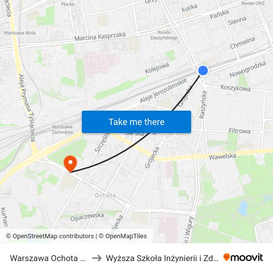 Warszawa Ochota WKD to Wyższa Szkoła Inżynierii i Zdrowia map