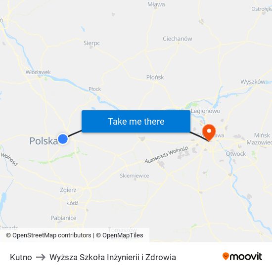 Kutno to Wyższa Szkoła Inżynierii i Zdrowia map