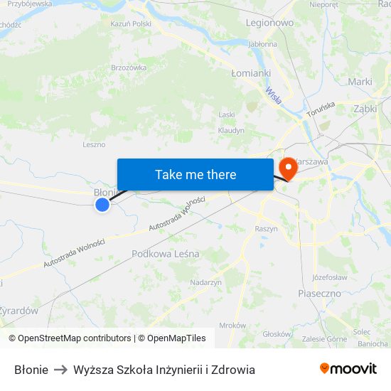 Błonie to Wyższa Szkoła Inżynierii i Zdrowia map