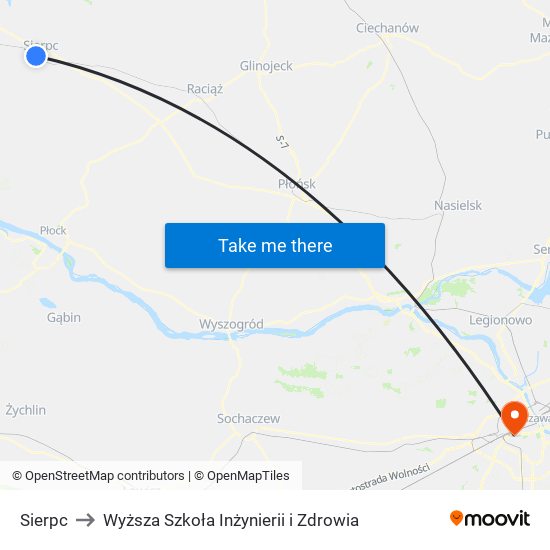 Sierpc to Wyższa Szkoła Inżynierii i Zdrowia map