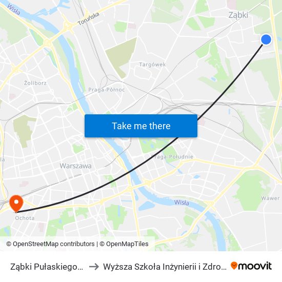 Ząbki Pułaskiego 01 to Wyższa Szkoła Inżynierii i Zdrowia map