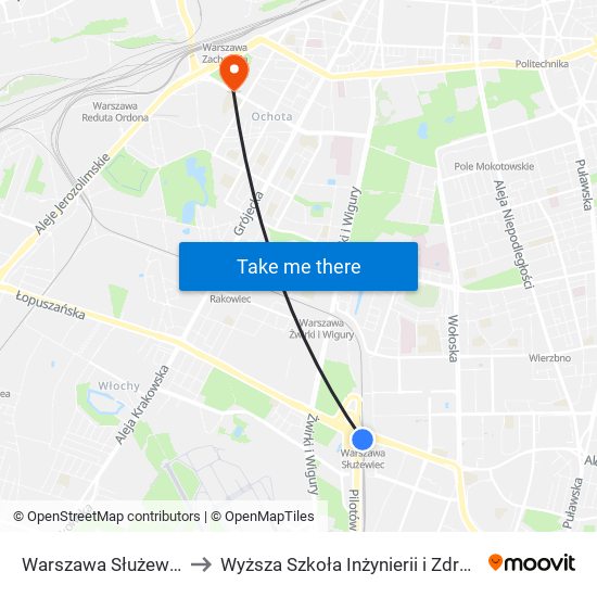 Warszawa Służewiec to Wyższa Szkoła Inżynierii i Zdrowia map