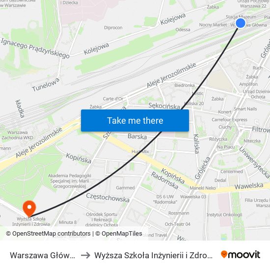 Warszawa Główna to Wyższa Szkoła Inżynierii i Zdrowia map