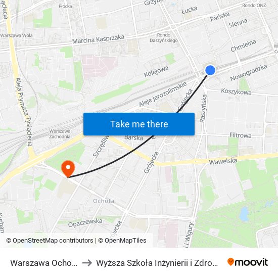 Warszawa Ochota to Wyższa Szkoła Inżynierii i Zdrowia map