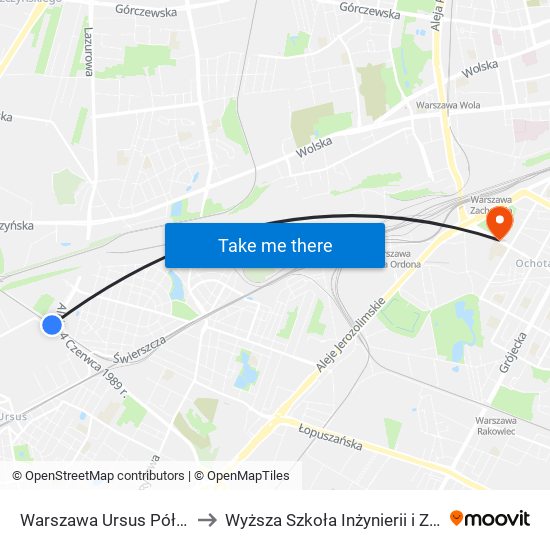 Warszawa Ursus Północny to Wyższa Szkoła Inżynierii i Zdrowia map