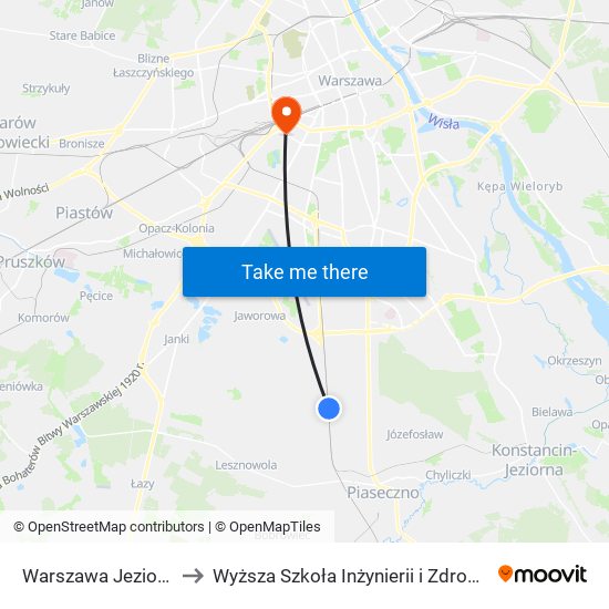 Warszawa Jeziorki to Wyższa Szkoła Inżynierii i Zdrowia map