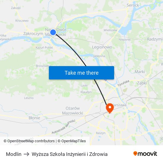 Modlin to Wyższa Szkoła Inżynierii i Zdrowia map