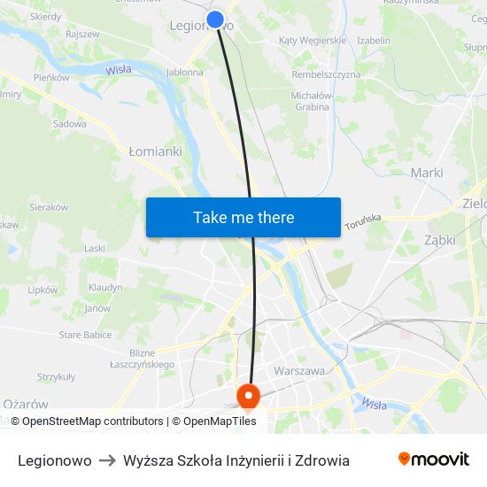 Legionowo to Wyższa Szkoła Inżynierii i Zdrowia map