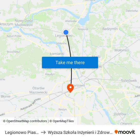 Legionowo Piaski to Wyższa Szkoła Inżynierii i Zdrowia map