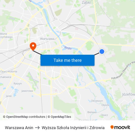 Warszawa Anin to Wyższa Szkoła Inżynierii i Zdrowia map