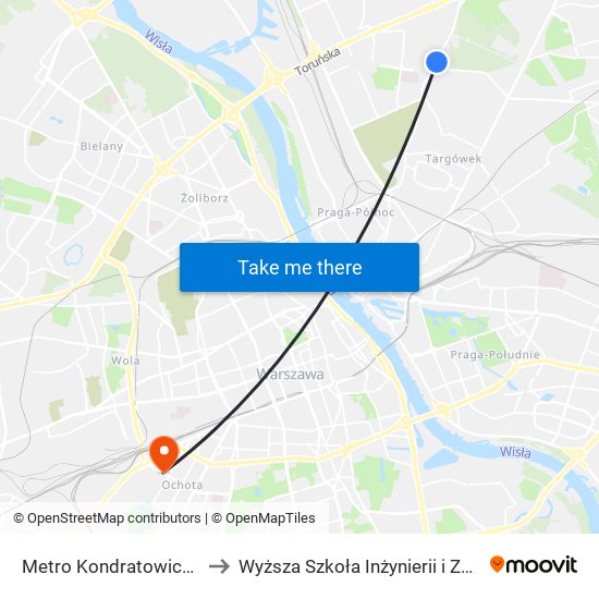 Metro Kondratowicza to Wyższa Szkoła Inżynierii i Zdrowia map