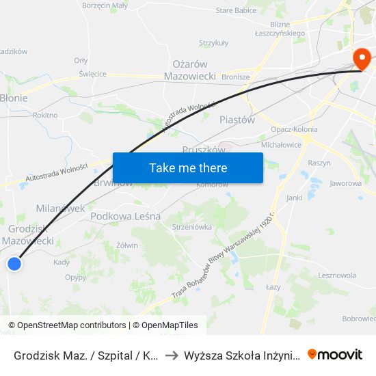 Grodzisk Maz. / Szpital / Kołłątaja 01 (Nż) to Wyższa Szkoła Inżynierii i Zdrowia map