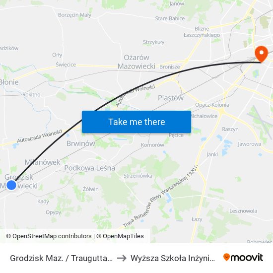 Grodzisk Maz. / Traugutta / Dw. PKP to Wyższa Szkoła Inżynierii i Zdrowia map