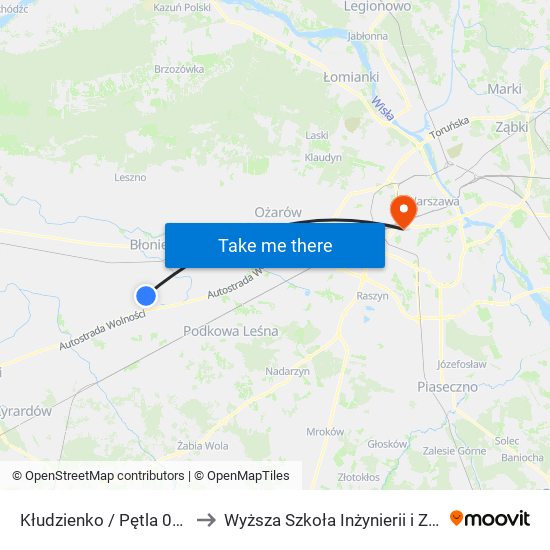 Kłudzienko / Pętla to Wyższa Szkoła Inżynierii i Zdrowia map