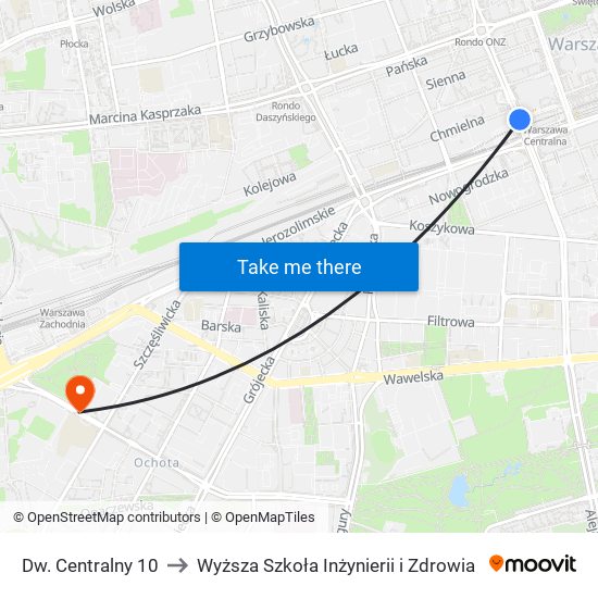 Dw. Centralny to Wyższa Szkoła Inżynierii i Zdrowia map