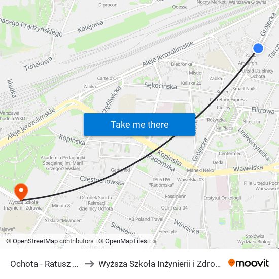 Ochota-Ratusz to Wyższa Szkoła Inżynierii i Zdrowia map