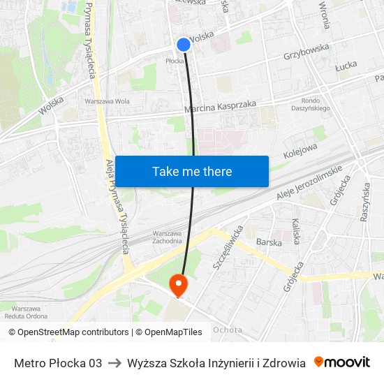 Metro Płocka to Wyższa Szkoła Inżynierii i Zdrowia map