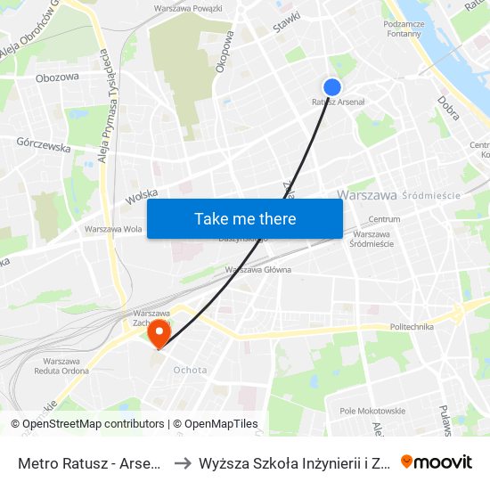 Metro Ratusz - Arsenał 01 to Wyższa Szkoła Inżynierii i Zdrowia map