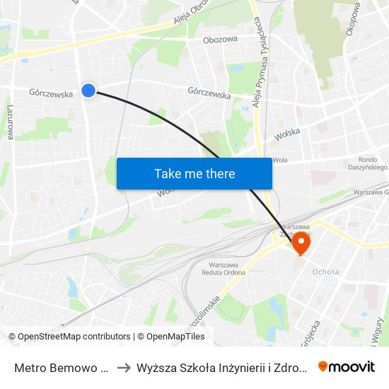 Metro Bemowo to Wyższa Szkoła Inżynierii i Zdrowia map