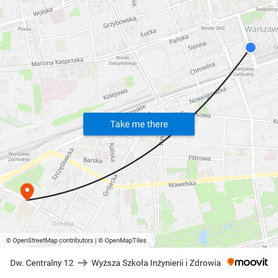 Dw. Centralny to Wyższa Szkoła Inżynierii i Zdrowia map