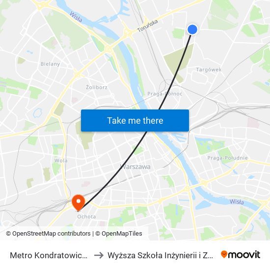 Metro Kondratowicza to Wyższa Szkoła Inżynierii i Zdrowia map