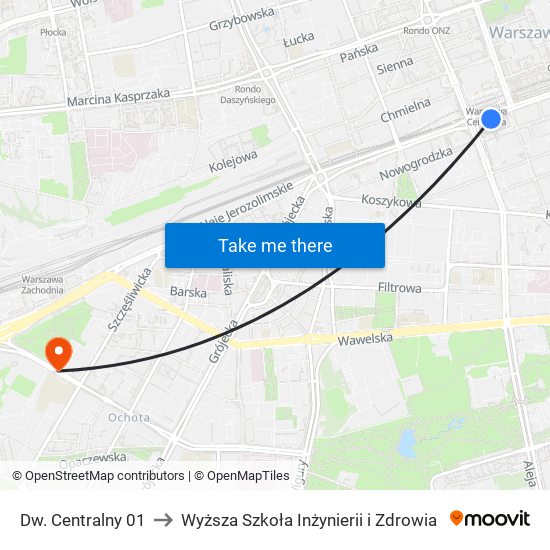 Dw. Centralny to Wyższa Szkoła Inżynierii i Zdrowia map