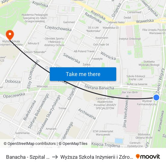 Banacha-Szpital to Wyższa Szkoła Inżynierii i Zdrowia map