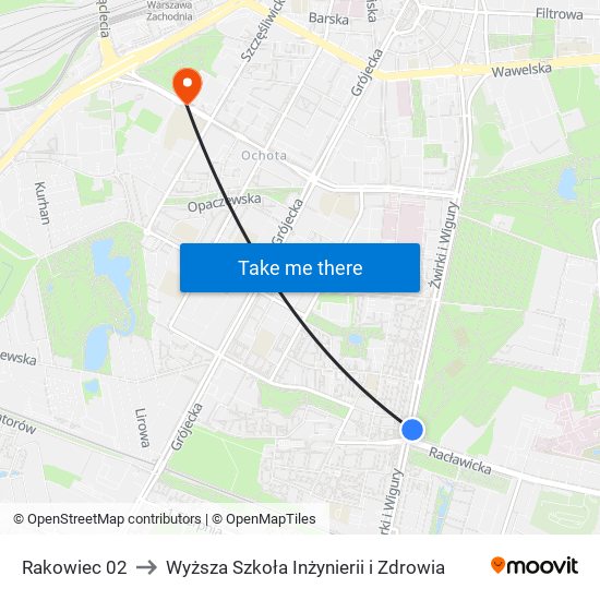 Rakowiec 02 to Wyższa Szkoła Inżynierii i Zdrowia map