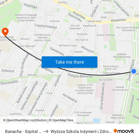 Banacha - Szpital 02 to Wyższa Szkoła Inżynierii i Zdrowia map